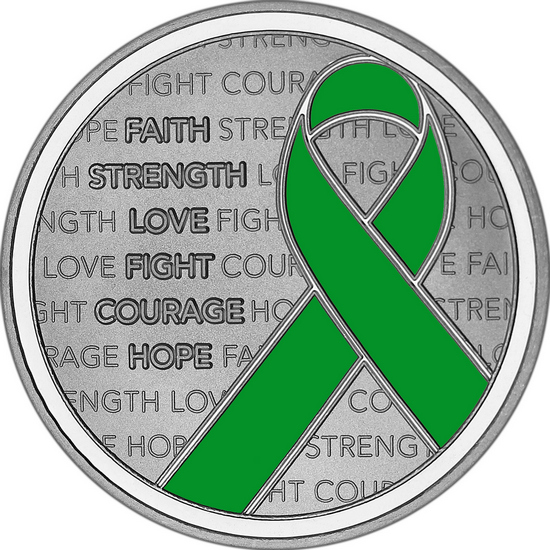 Green Awareness Ribbon 1oz .999 Silver Medallion Enameled in Gift Box Green Awareness Ribbon 1oz .999 Silver Medallion Enameled in Gift Box