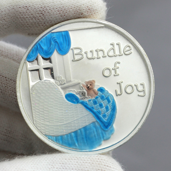 Welcome Baby Bundle of Joy 1oz .999 Silver Medallion Enameled Blue Reflective View