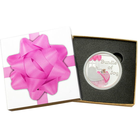 Welcome Baby Bundle of Joy 1oz .999 Silver Medallion Enameled Pink Dated 2023 in Gift Box