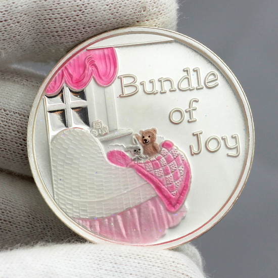 Welcome Baby Bundle of Joy 1oz .999 Silver Medallion Enameled Pink Reflective View