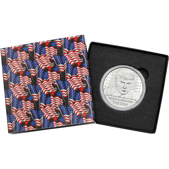 Donald Trump Never Surrender The Don Mugshot 1oz .999 Silver Medallion in Gift Box