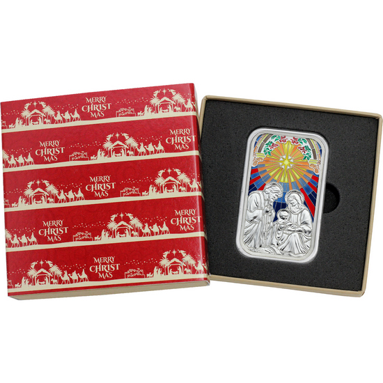 2025 Mary, Joseph and Baby Jesus Nativity 1oz .999 Silver Bar Enameled in Gift Box
