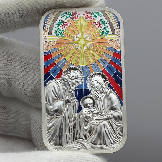 Hand Photo of Enameled Mary, Joseph and Baby Jesus Nativity 1oz .999 Silver Bar