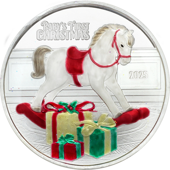 2025 Baby's First Christmas Rocking Horse 1oz .999 Silver Medallion Enameled in Gift Box 2025 Baby's First Christmas Rocking Horse 1oz .999 Silver Medallion Enameled in Gift Box