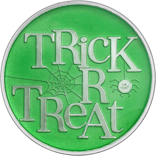 Halloween Trick or Treat Glow-in-the-Dark Half Ounce .999 Silver Medallion Enameled in Gift Box Halloween Trick or Treat Glow-in-the-Dark Half Ounce .999 Silver Medallion Enameled in Gift Box
