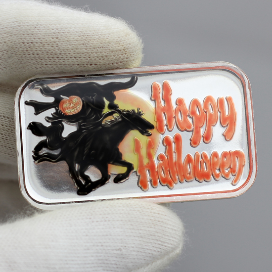 Happy Halloween Headless Horseman 1oz .999 Silver Bar Enameled in Gift Box