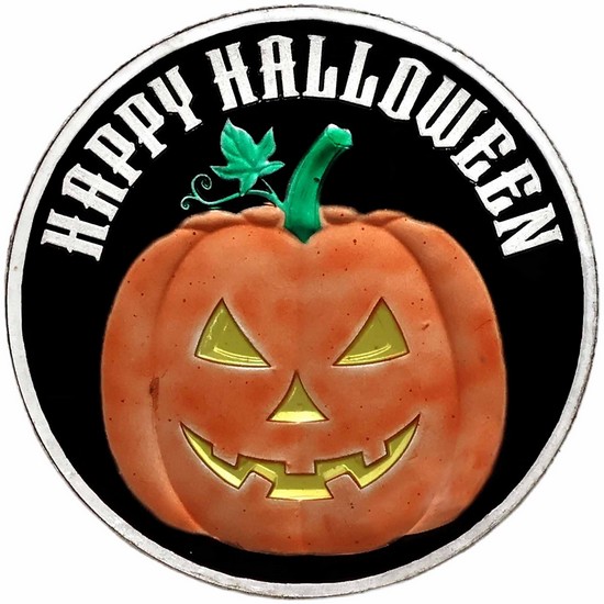Halloween Trick or Treat Glow-in-the-Dark Half Ounce .999 Silver Medallion Enameled in Gift Box Halloween Trick or Treat Glow-in-the-Dark Half Ounce .999 Silver Medallion Enameled in Gift Box