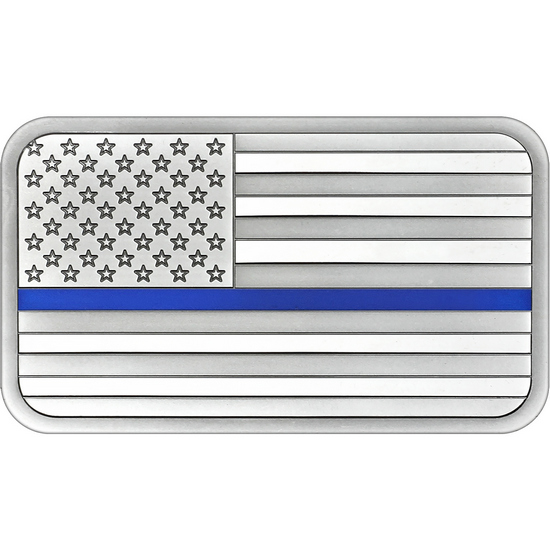 American Flag Blue Line 5oz .999 Silver Bar Enameled in Gift Box American Flag Blue Line 5oz .999 Silver Bar Enameled in Gift Box