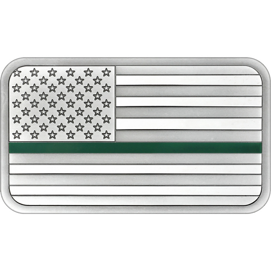 American Flag Green Line 5oz .999 Silver Bar Enameled in Gift Box American Flag Green Line 5oz .999 Silver Bar Enameled in Gift Box