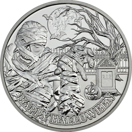 Happy Halloween Graveyard Mummy 1oz .999 Silver Medallion in Gift Box Happy Halloween Graveyard Mummy 1oz .999 Silver Medallion in Gift Box