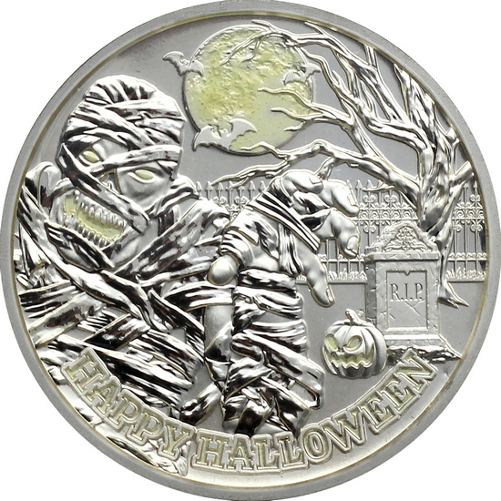 Happy Halloween Graveyard Mummy Glow-in-the-Dark 1oz .999 Silver Medallion Enameled in Gift Box Happy Halloween Graveyard Mummy Glow-in-the-Dark 1oz .999 Silver Medallion Enameled in Gift Box