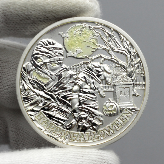 Happy Halloween Graveyard Mummy Glow-in-the-Dark 1oz .999 Silver Medallion Enameled in Gift Box Happy Halloween Graveyard Mummy Glow-in-the-Dark 1oz .999 Silver Medallion Enameled in Gift Box