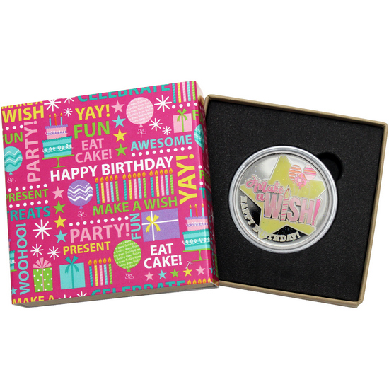 Make a Wish! Happy Birthday 1oz .999 Silver Medallion Pink Glitter Enameled Dated 2024 in Gift Box