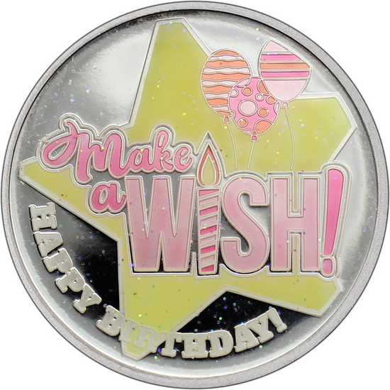 Make a Wish! Happy Birthday 1oz .999 Silver Medallion Pink Glitter Enameled Dated 2025 in Gift Box Make a Wish! Happy Birthday 1oz .999 Silver Medallion Pink Glitter Enameled Dated 2025 in Gift Box