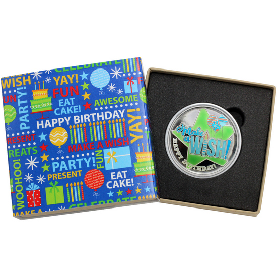 Make a Wish! Happy Birthday 1oz .999 Silver Medallion Blue Enameled Dated 2024 in Gift Box