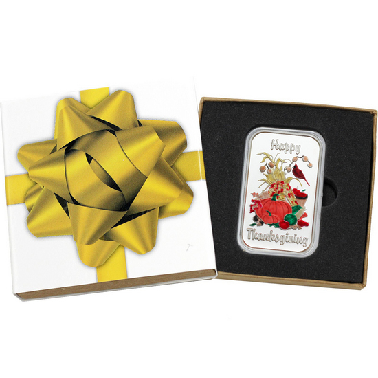 Happy Thanksgiving Harvest Gathering 1oz .999 Silver Bar Enameled in Gift Box