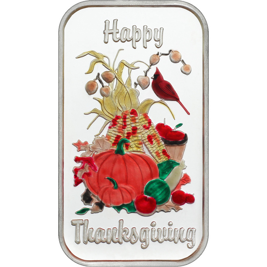 Happy Thanksgiving Harvest Gathering 1oz .999 Silver Bar Enameled in Gift Box Happy Thanksgiving Harvest Gathering 1oz .999 Silver Bar Enameled in Gift Box