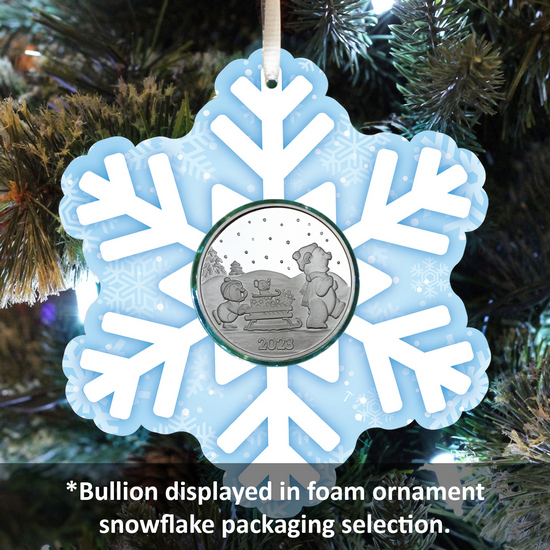 Happy Holidays Snow Sledding Bears 1oz .999 Silver Bar in Stocking Ornament Holder