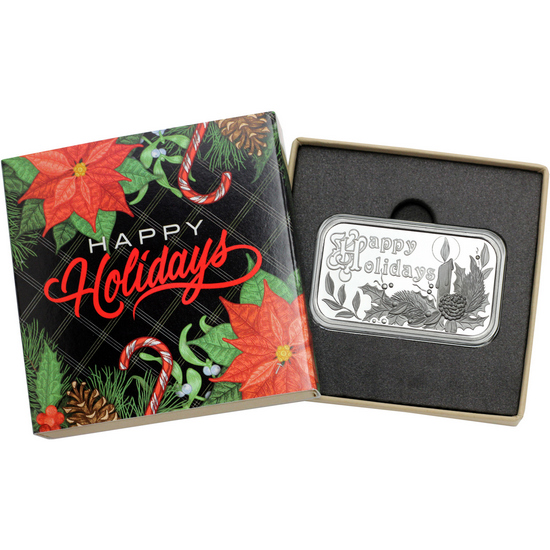 2023 Happy Holidays Vintage Candle Decor 1oz .999 Silver Bar in Gift Box