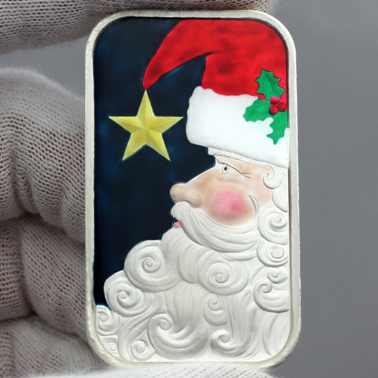 2019 Jolly Wishes Santa Claus with Gifts 1oz .999 Silver Bar Enameled
