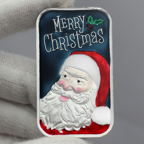 2019 Jolly Wishes Santa Claus with Gifts 1oz .999 Silver Bar Enameled