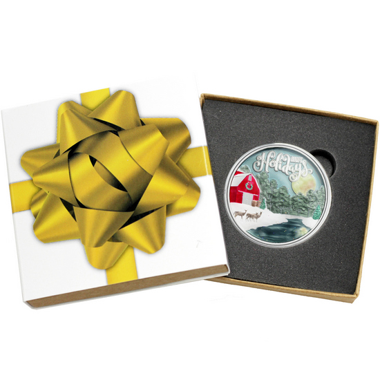 2025 Happy Holidays Moonlit Creek Farm Scene 1oz .999 Silver Medallion Enameled in Gift Box