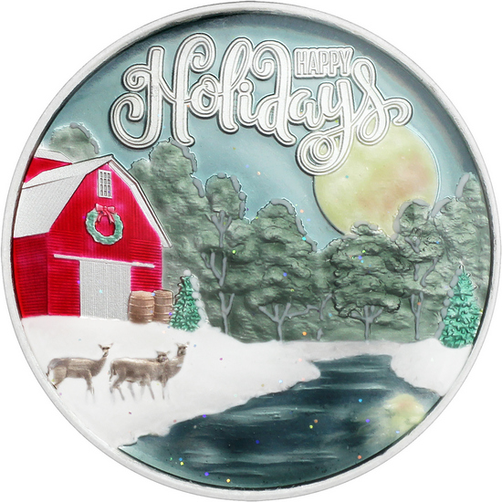 2025 Happy Holidays Moonlit Creek Farm Scene 1oz .999 Silver Medallion Enameled in Gift Box 2025 Happy Holidays Moonlit Creek Farm Scene 1oz .999 Silver Medallion Enameled in Gift Box
