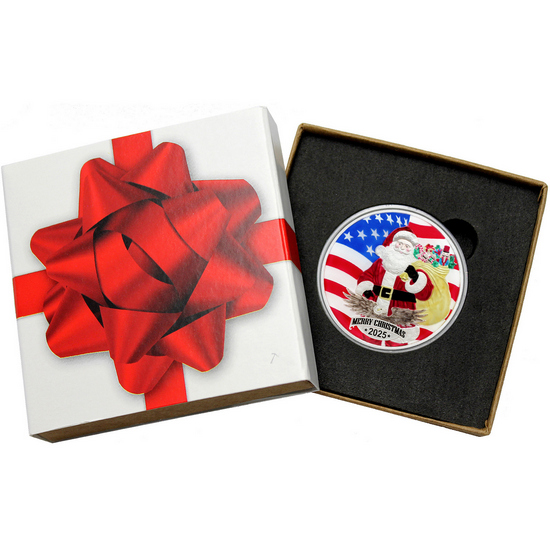 2025 Merry Christmas Patriotic Santa Claus 1oz .999 Silver Medallion Enameled in Gift Box