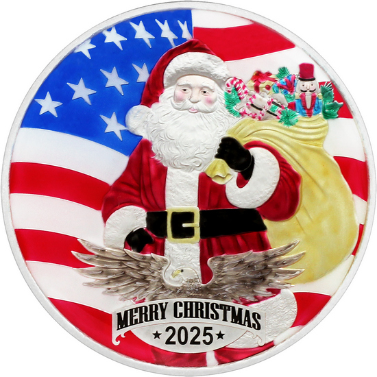 2025 Merry Christmas Patriotic Santa Claus 1oz .999 Silver Medallion Enameled in Gift Box 2025 Merry Christmas Patriotic Santa Claus 1oz .999 Silver Medallion Enameled in Gift Box