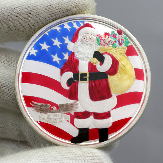 2019 Merry Christmas Patriotic Santa Claus & Animals 1oz .999 Silver Round Enameled