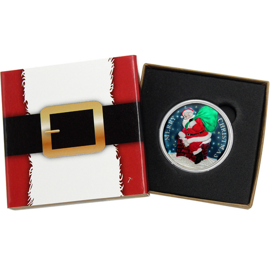 2022 Merry Christmas Santa Bells 1oz .999 Silver Medallion Enameled in Gift Box