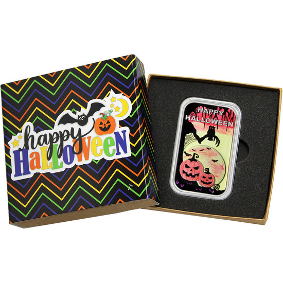 Happy Halloween Frightful Night 1oz .999 Silver Bar Enameled in Gift Box