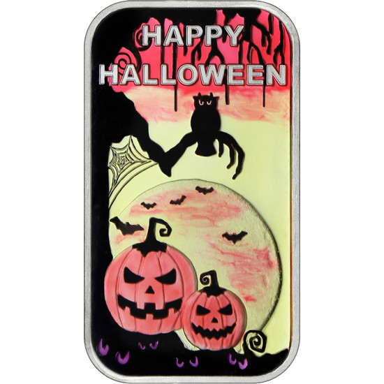 Happy Halloween Frightful Night 1oz .999 Silver Bar Enameled in Gift Box Happy Halloween Frightful Night 1oz .999 Silver Bar Enameled in Gift Box
