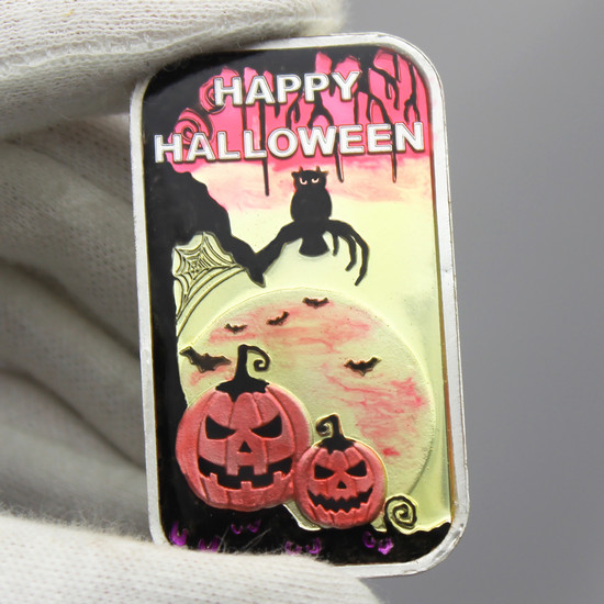 Hand View of Happy Halloween Frightful Night 1oz .999 Silver Bar Enameled