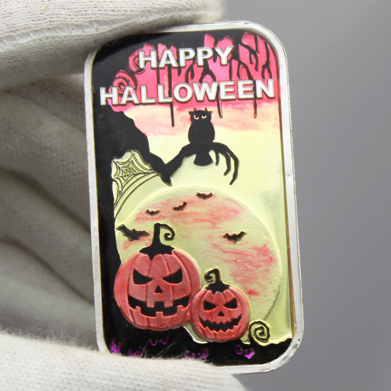 Hand Enameled Happy Halloween Frightful Night 1oz .999 Silver Bar