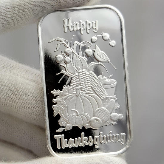 Close Up Happy Thanksgiving Harvest Gathering 1oz .999 Silver Bar