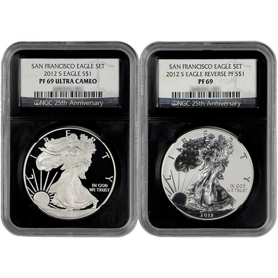2012 S Silver American Eagle 2pc Set PF69 NGC Retro Holder Retro Label