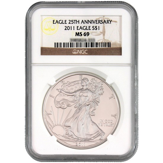2011 Silver American Eagle 25th Anniversary MS69 NGC Brown Label