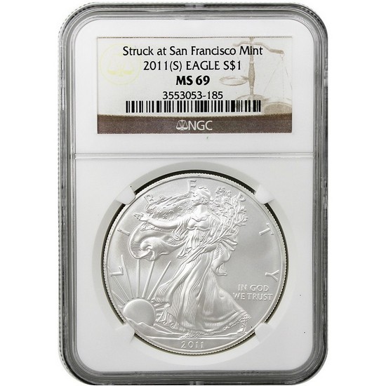 2011 S Silver American Eagle Struck at San Francisco Mint MS69 NGC Brown Label
