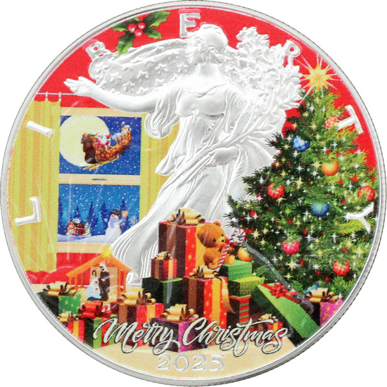2025 Colorized Special Edition Christmas Silver American Eagle BU Coin in Box with COA 2025 Colorized Special Edition Christmas Silver American Eagle BU Coin in Box with COA