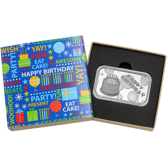 Happy Birthday Cake 1oz .999 Silver Bar Dated 2023 in Gift Box