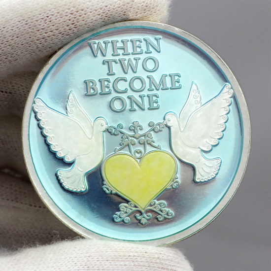When Two Become One Doves 1oz .999 Silver Medallion Enameled Reflective View