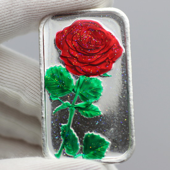 Red Rose 1oz .999 Silver Bar Enameled in Gift Box