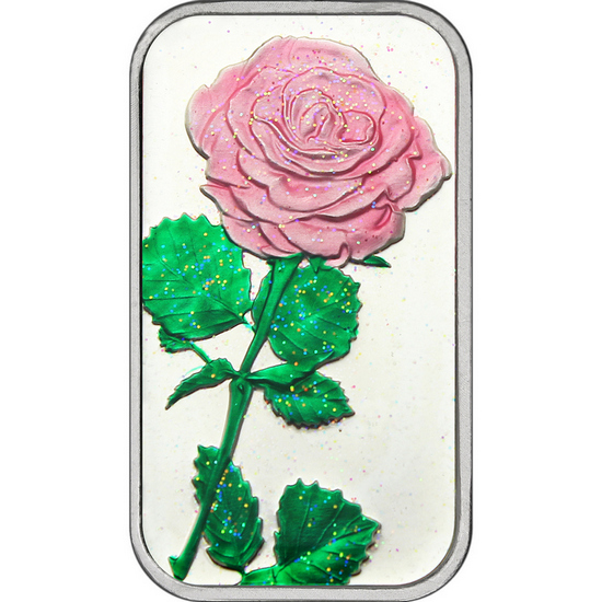 Detail Hand Enameled Pink with Glitter Silver Rose 1oz Bar