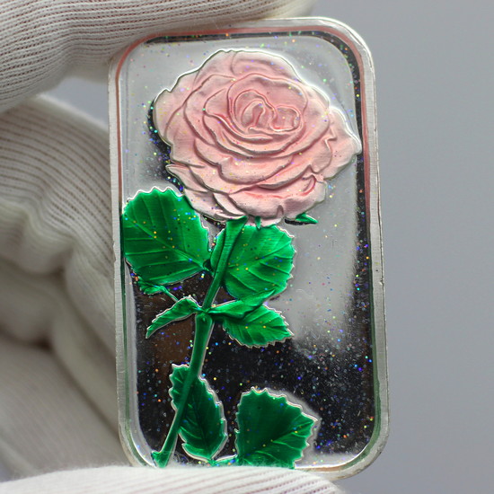 Close Up of Hand Enameled Pink with Glitter Silver Rose 1oz Bar