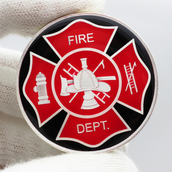 Close Up View of Enameled Fire Department Silver Medallion Minted by SilverTowne