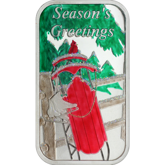 2026 Season's Greetings Winter Sledding 1oz .999 Silver Bar Enameled in Gift Box 2026 Season's Greetings Winter Sledding 1oz .999 Silver Bar Enameled in Gift Box