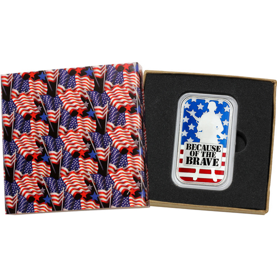 Because of the Brave - American Soldier 1oz .999 Silver Bar Enameled in Gift Box