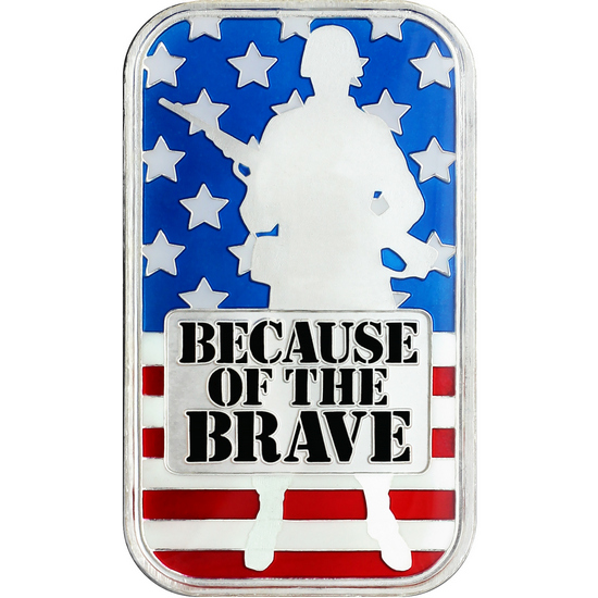 Because of the Brave - American Soldier 1oz .999 Silver Bar Enameled in Gift Box Because of the Brave - American Soldier 1oz .999 Silver Bar Enameled in Gift Box