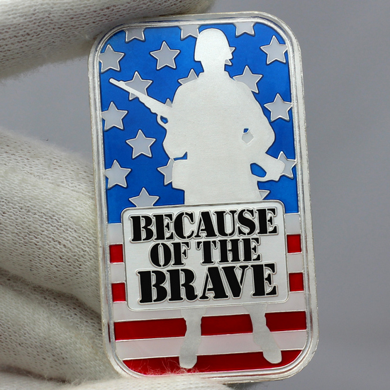 Hand Enameled Because of the Brave American Soldier 1oz .999 Silver Bar Close Up